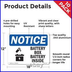 Battery Box Battery Inside OSHA Notice Sign Metal, Plastic, Decal 5 or 10 Pack
