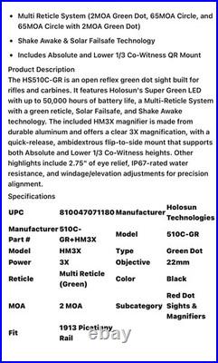 Holosun HS510C+HM3X Combo Multi-Reticle Circle Dot + with 3x magnifier OPEN BOX