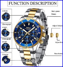 Mens Watches Chronograph Stainless Steel Waterproof Date Analog Quartz Watch Bus